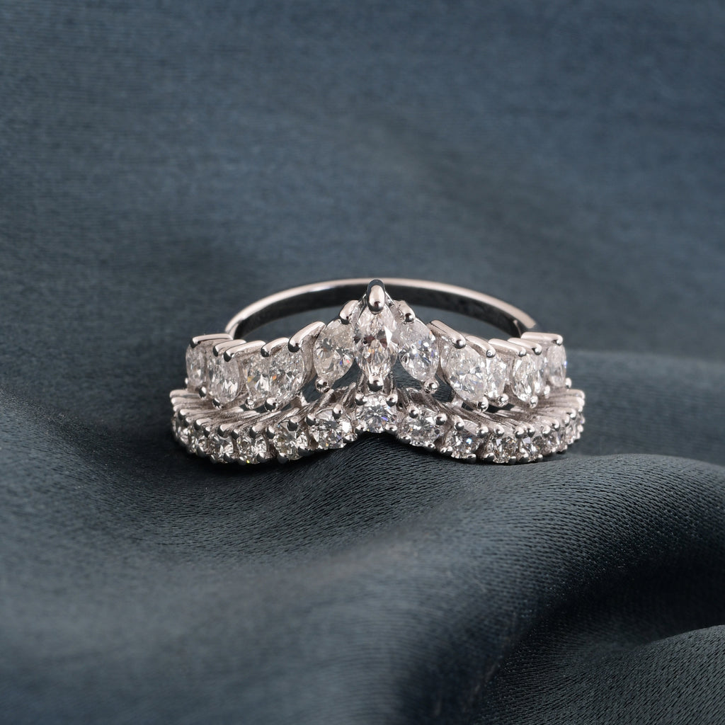 Genuine 1.3Ct Marquise Round Cut Diamond Double Band Proposal Fine Gold Ring