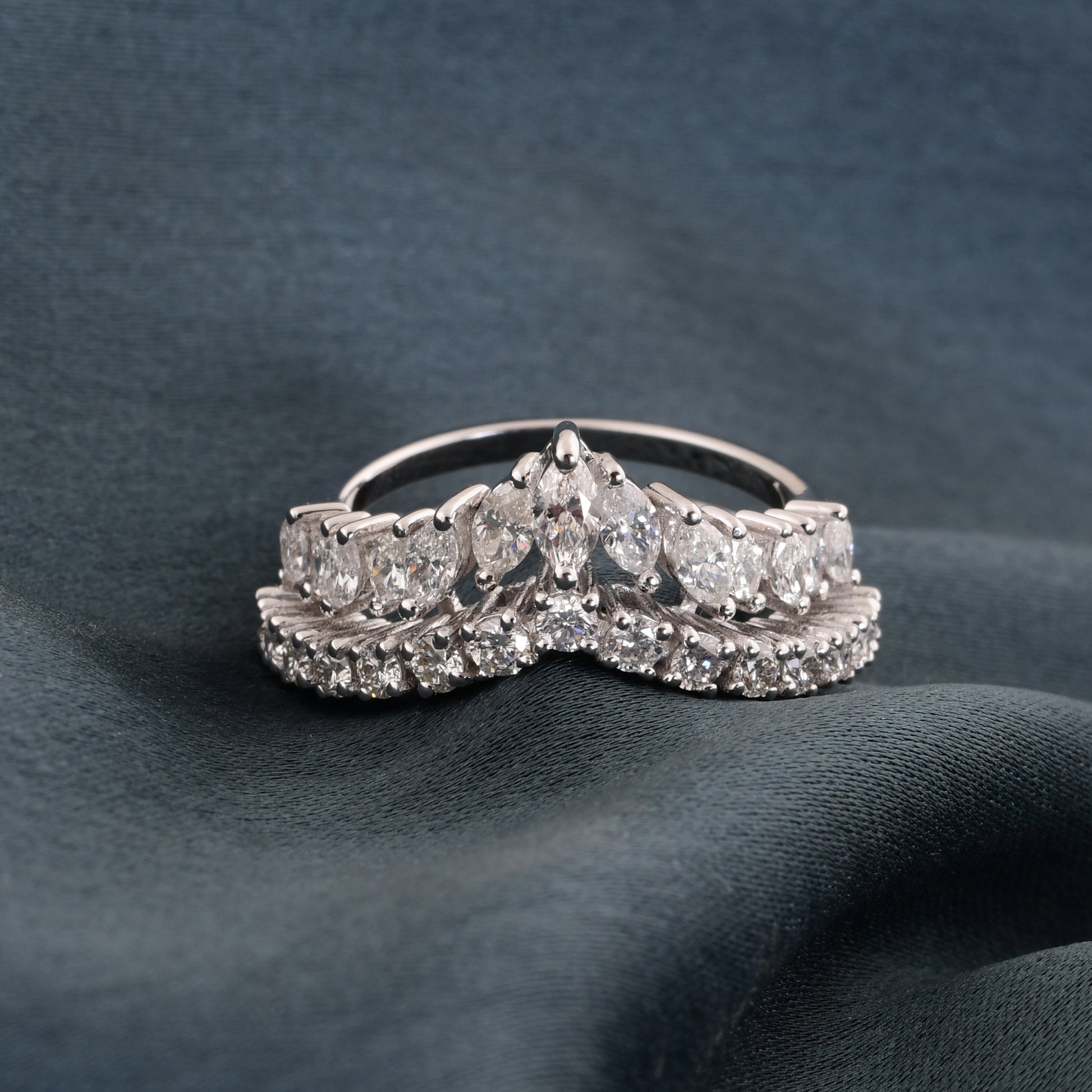 Genuine 1.3Ct Marquise Round Cut Diamond Double Band Proposal Fine Gold Ring