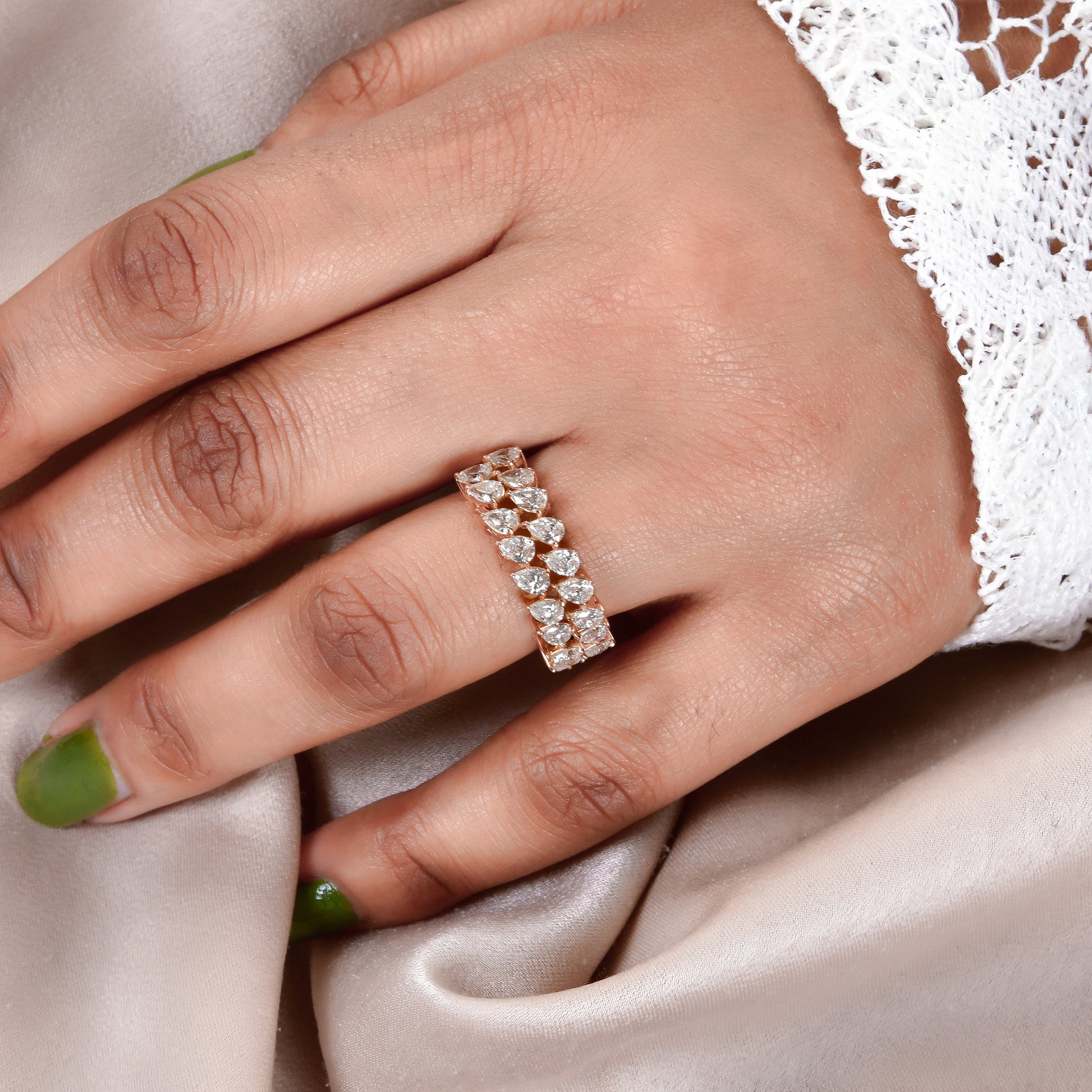 Certified 1.73Ct Natural Diamond Pear Cut Wide Band Cluster Gold Ring