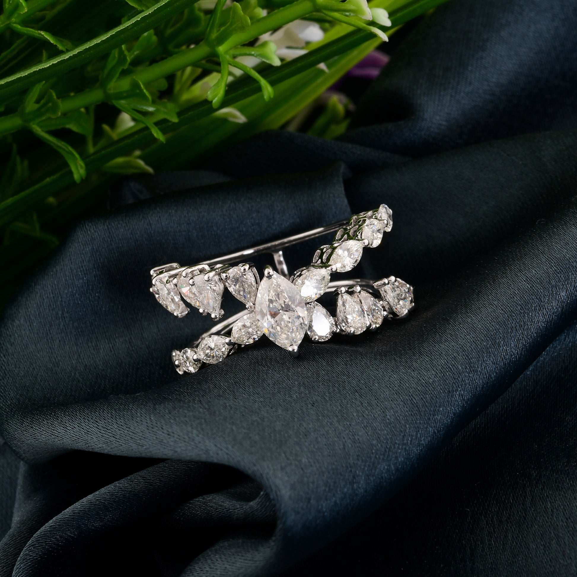 Certified 2.77 Multi Shape Natural Diamond Crisscross Double Band Gold Ring