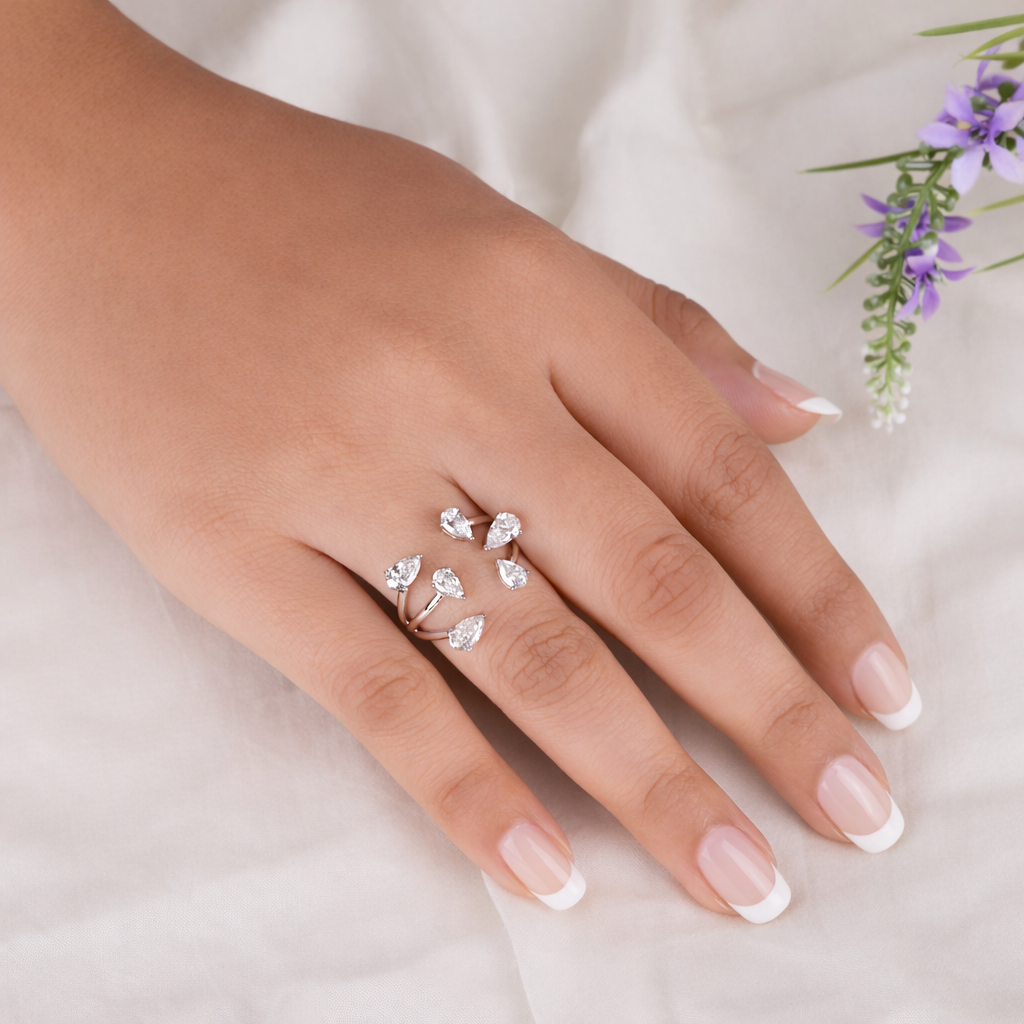 Certified Pear Cut Natural Diamond Open Cuff Ring