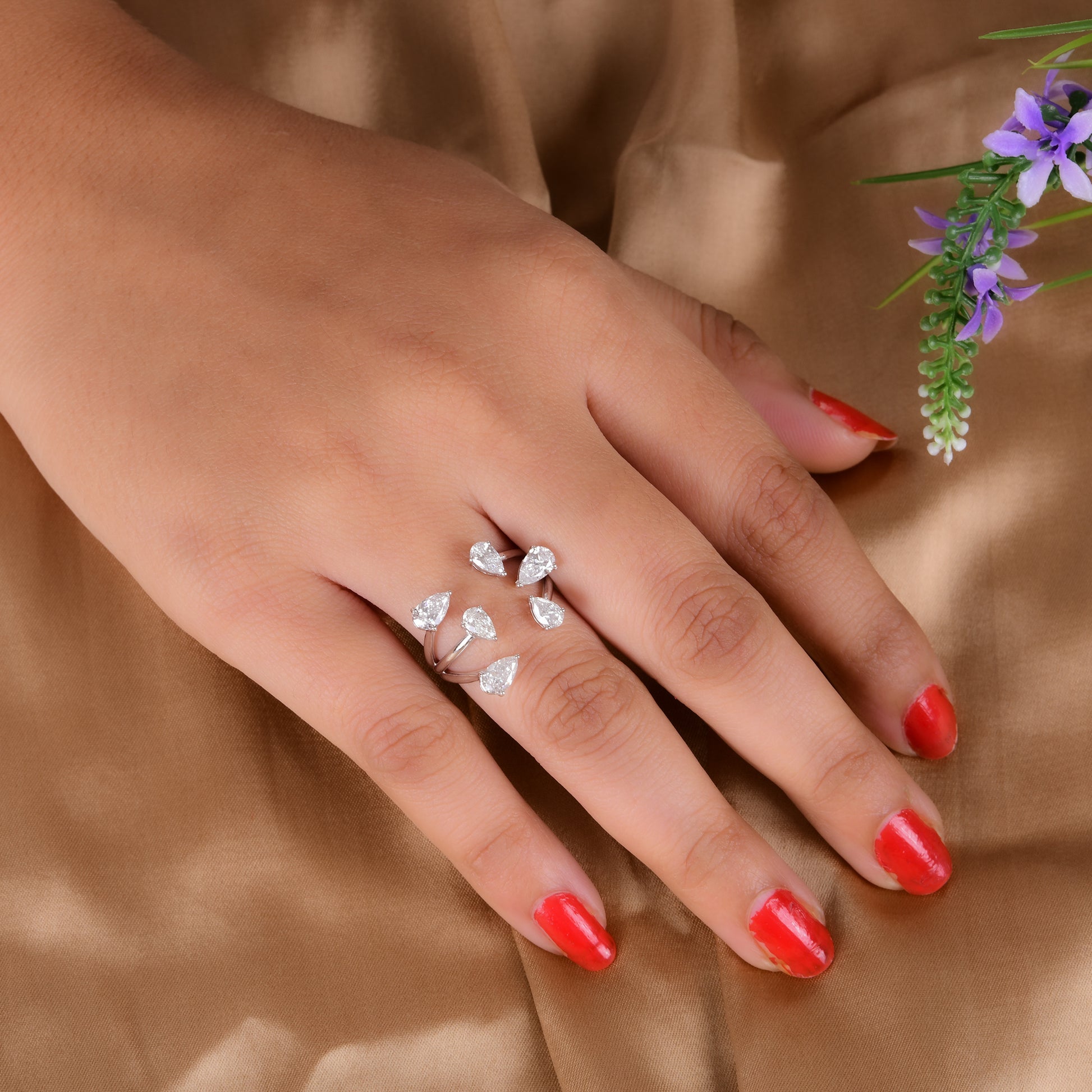 Handmade 1.62Ct Natural Diamond Open Cluster Triple Gold Band Ring