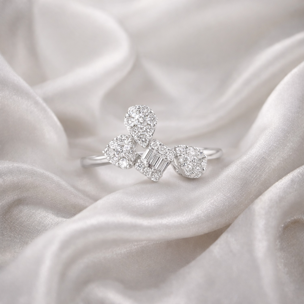 Certified Multi Cut Natural Diamond Cluster Gold Ring