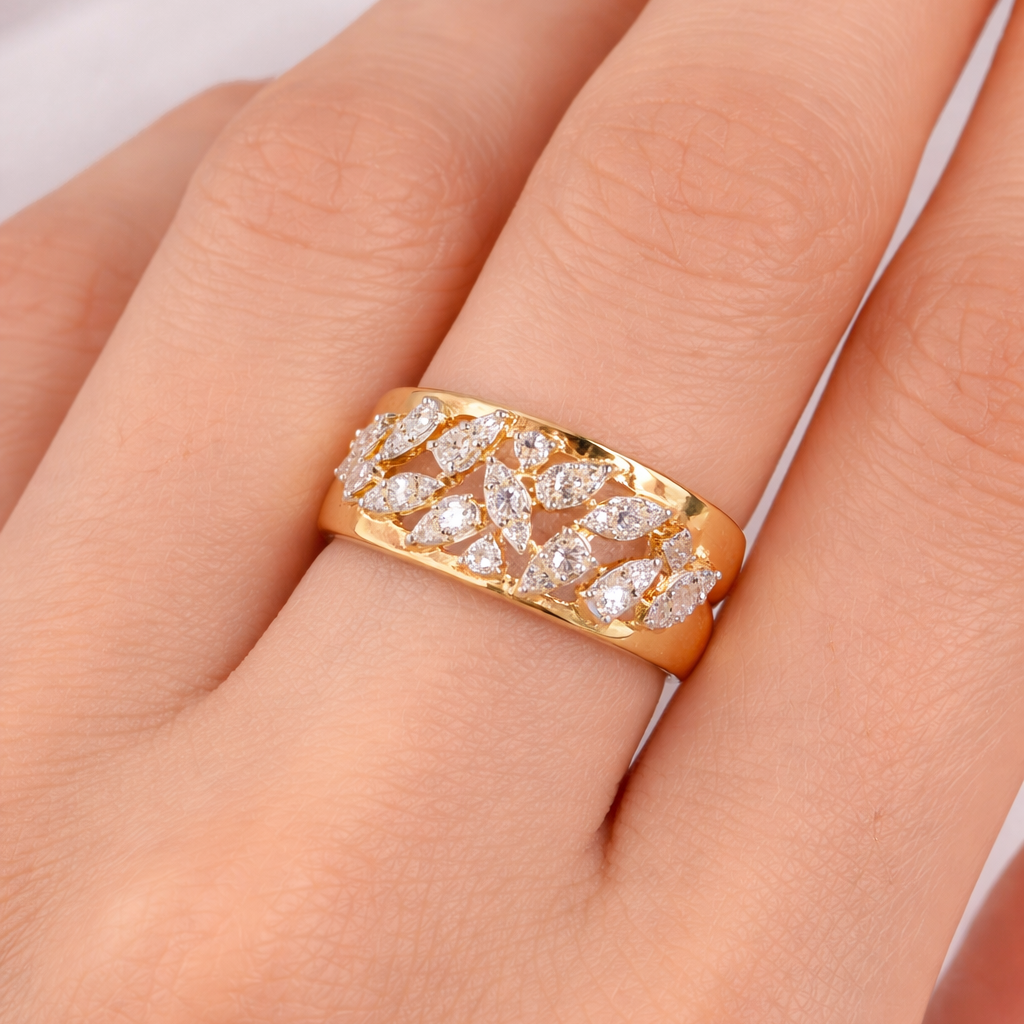 Round Cut Natural Diamond Wide Band Fine Gold Ring