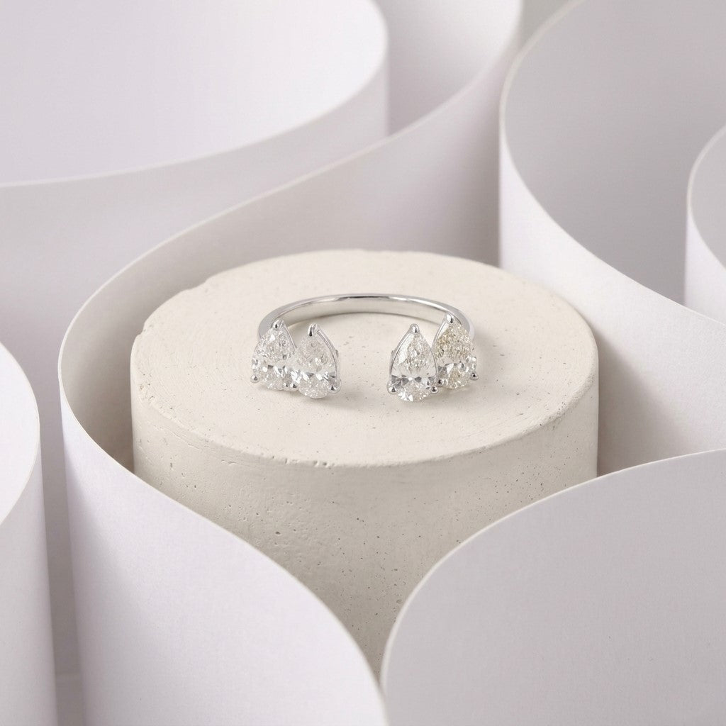 Four Stone Prong Set Pear Cut Diamond Open Cuff Ring