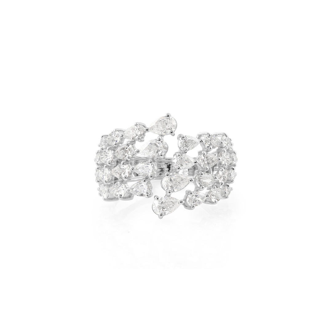 2.46Ct Pear Cut Natural Diamond Cluster Open Wide Band Engagement Gold Ring