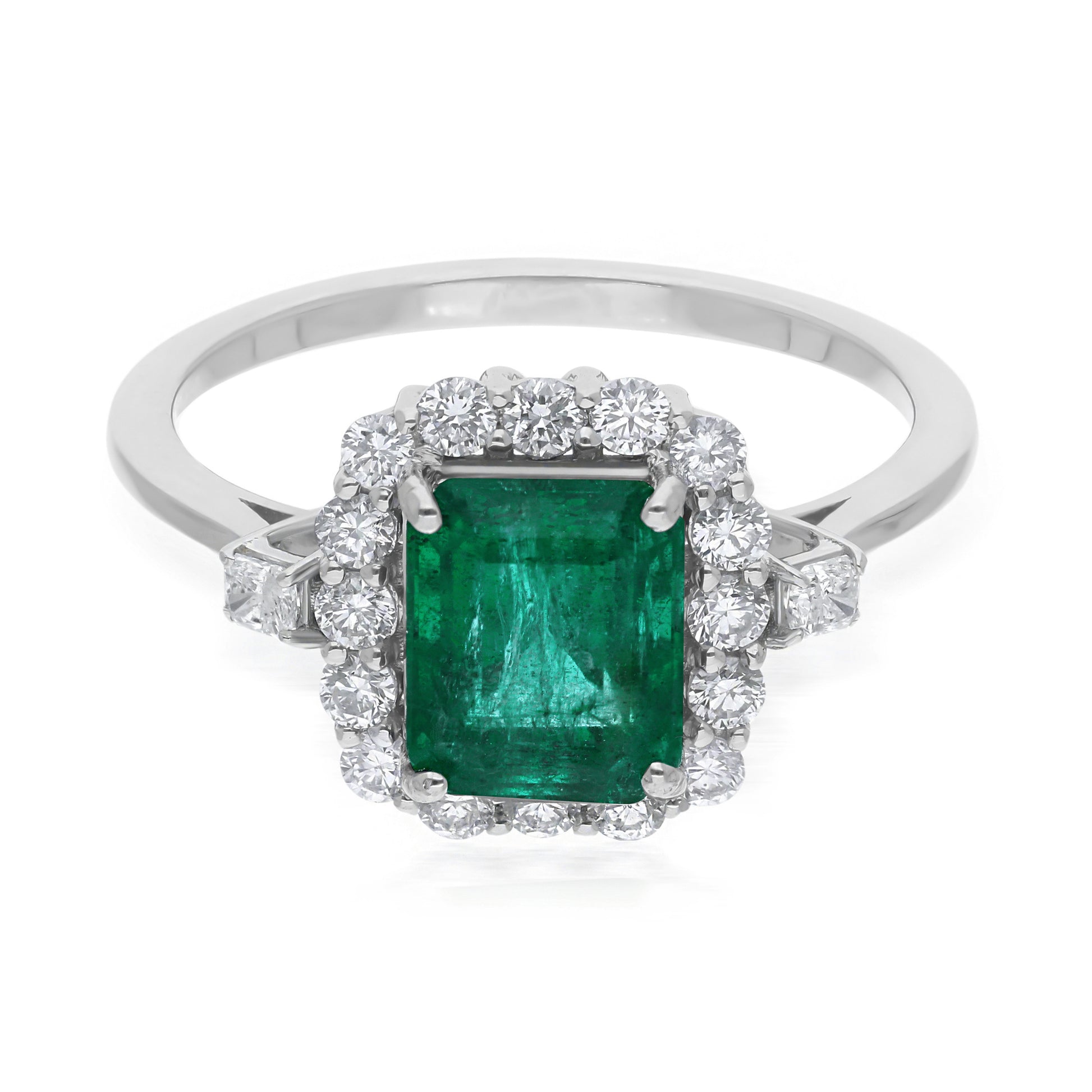 1.78 Carat Emerald Solitaire with Diamond Halo Engagement Solid Gold Fine Jewelry