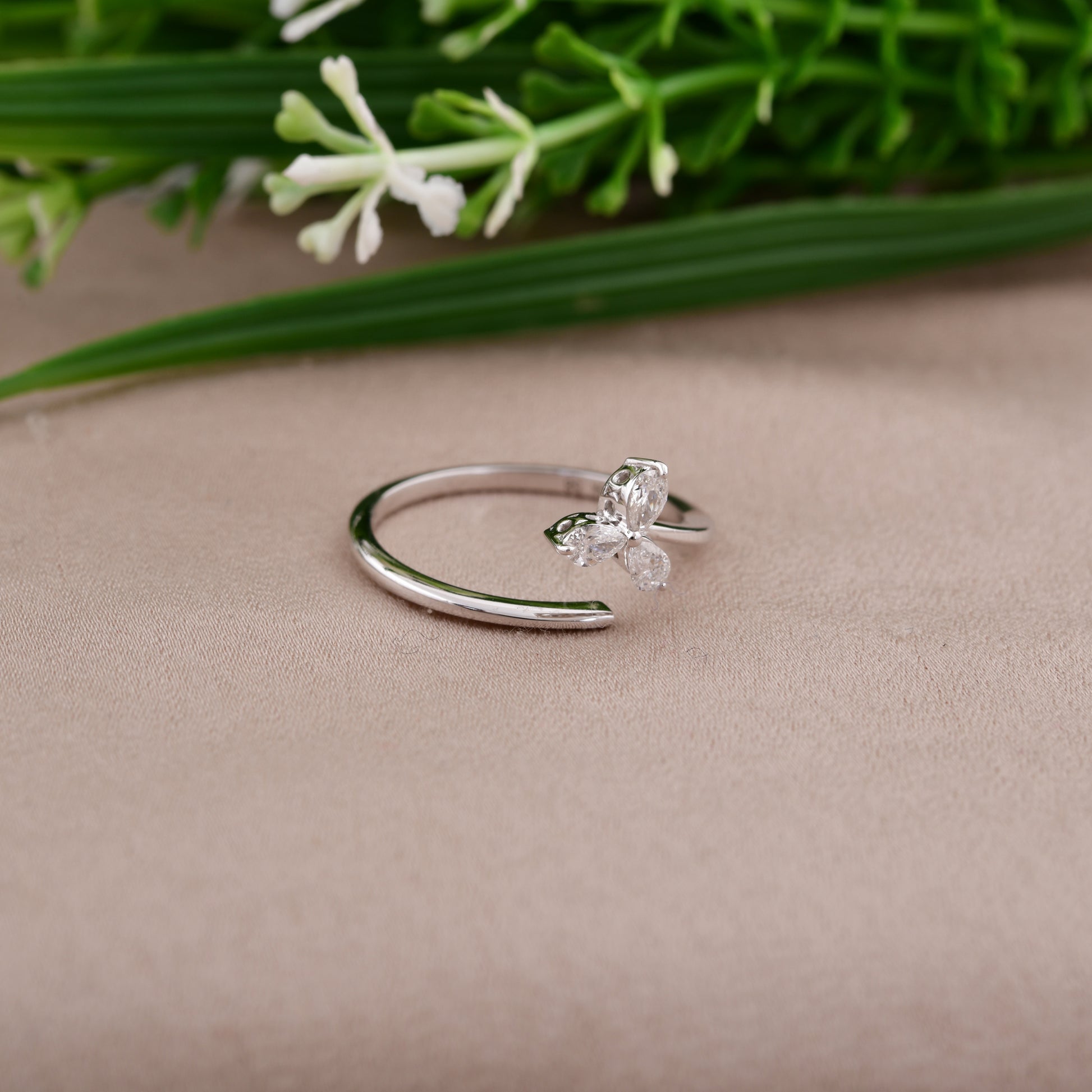 Delicate Floral Pear Cut 0.21Ct Natural Diamond Open Band Gold Ring