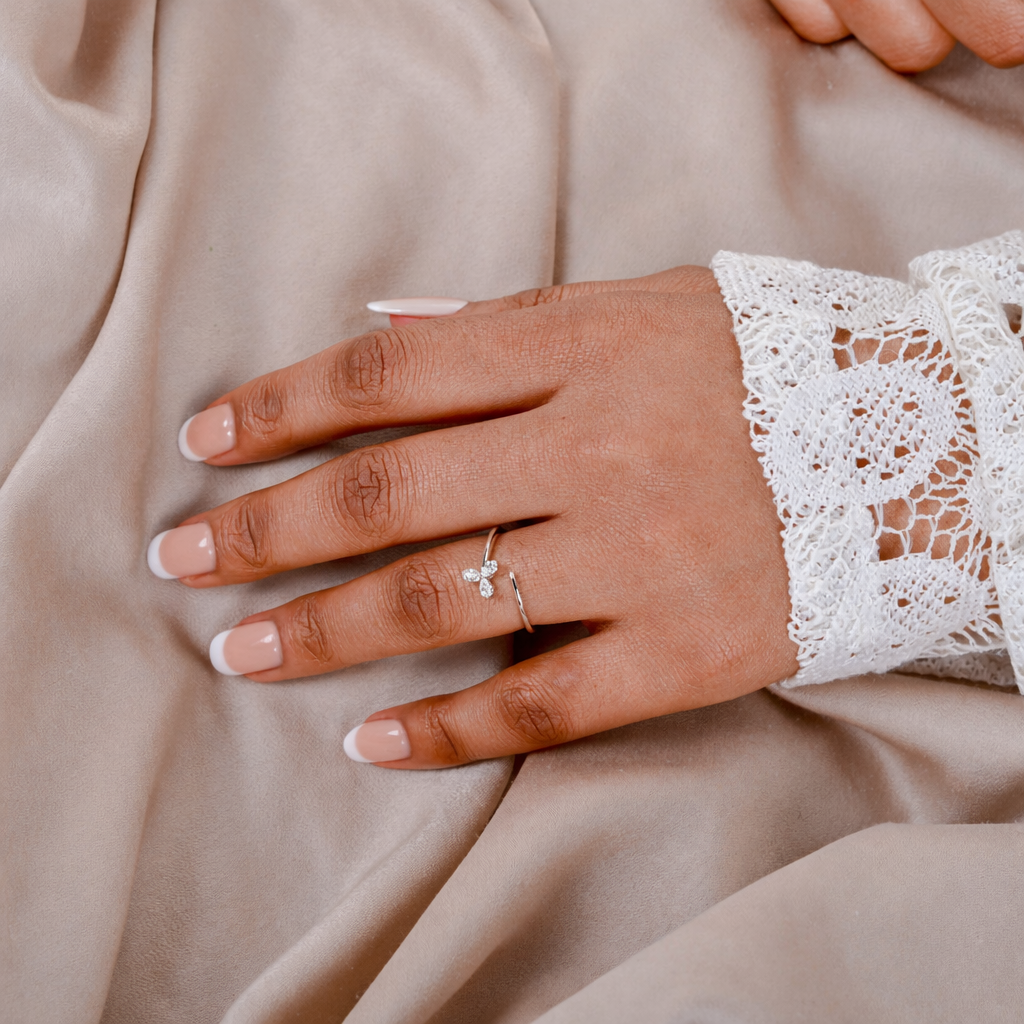 Delicate Floral Pear Cut Diamond Open Cuff Ring