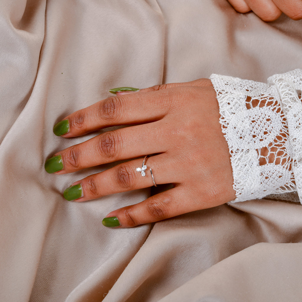 Delicate Floral Pear Cut 0.21Ct Natural Diamond Open Band Gold Ring