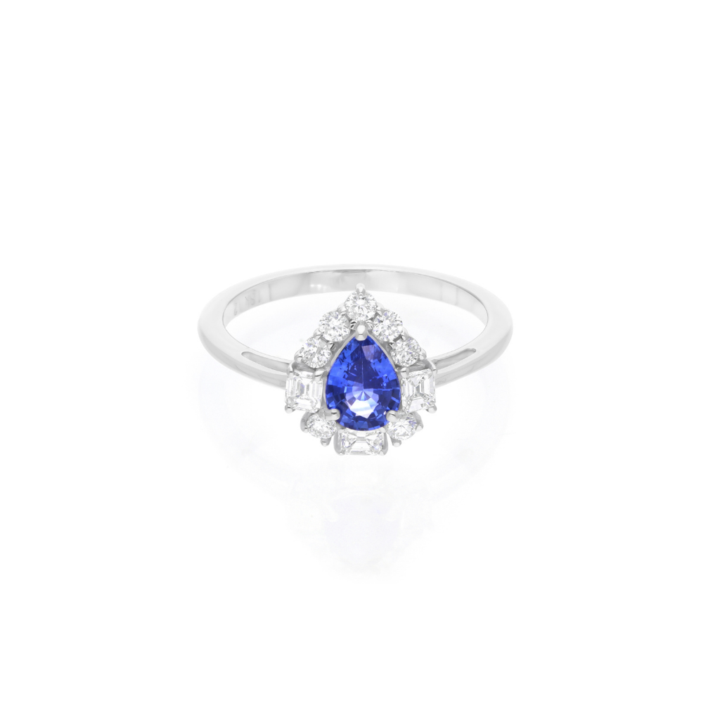 1.12Tcw Pear Shape Blue Sapphire Halo Diamond Anniversary Gold Ring