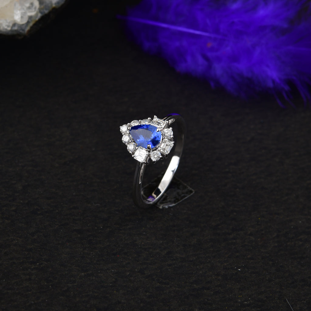 1.12Tcw Pear Shape Blue Sapphire Halo Diamond Anniversary Gold Ring