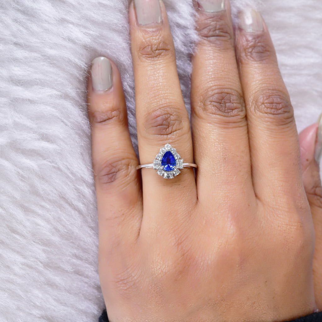 1.12Tcw Pear Shape Blue Sapphire Halo Diamond Anniversary Gold Ring