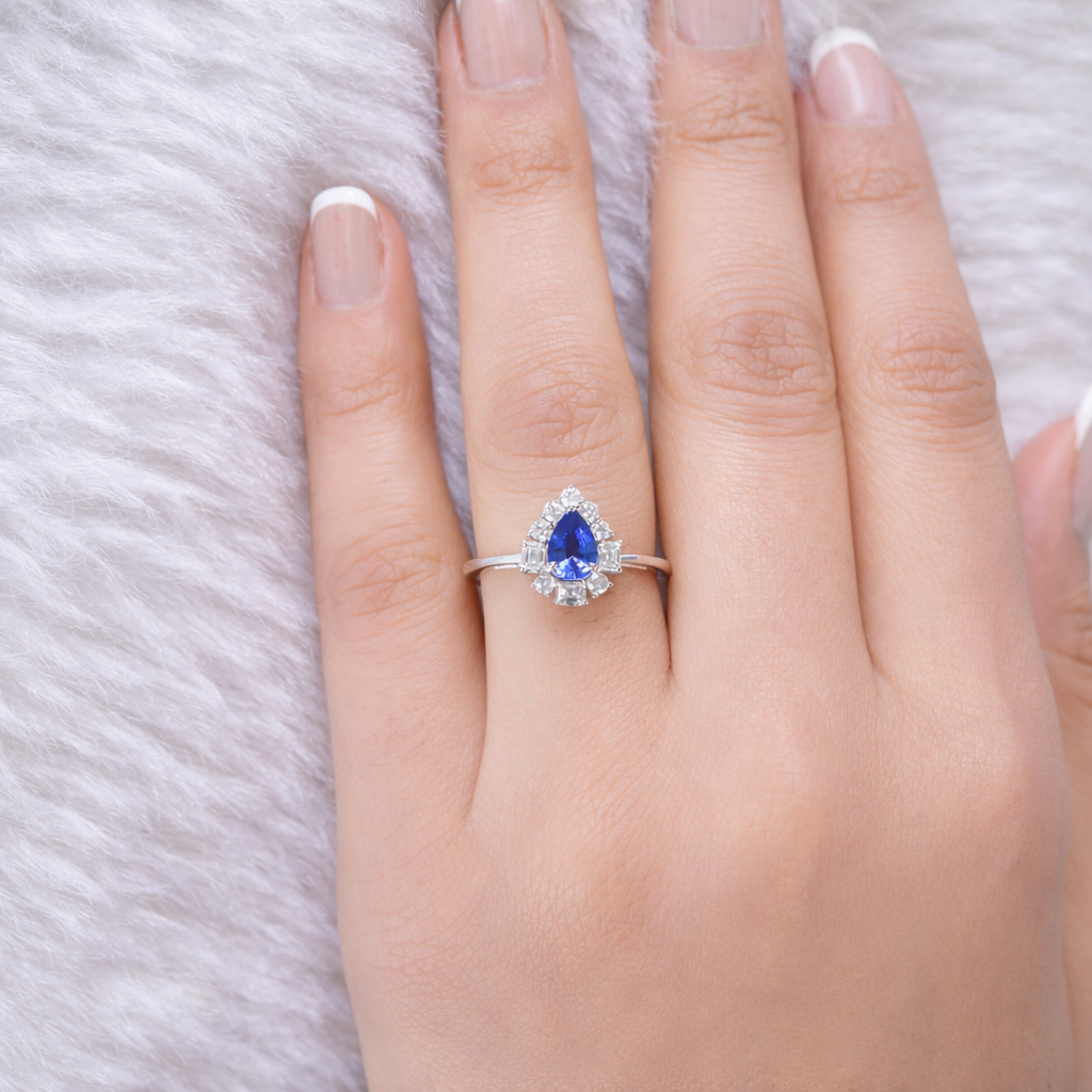 Pear Shape Blue Sapphire Halo Diamond Gold Ring