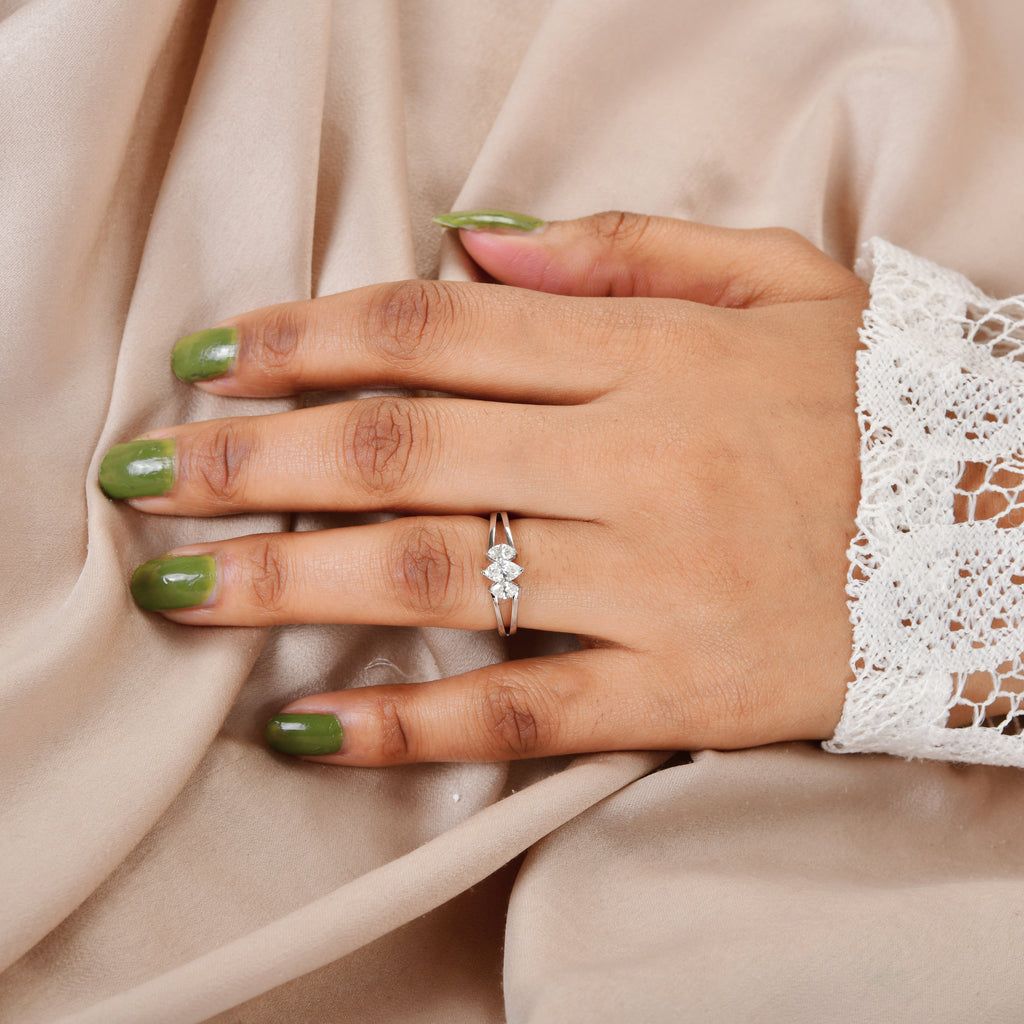 Marquise Shape 0.58Ct Three Stone Double Band Gold Proposal Ring