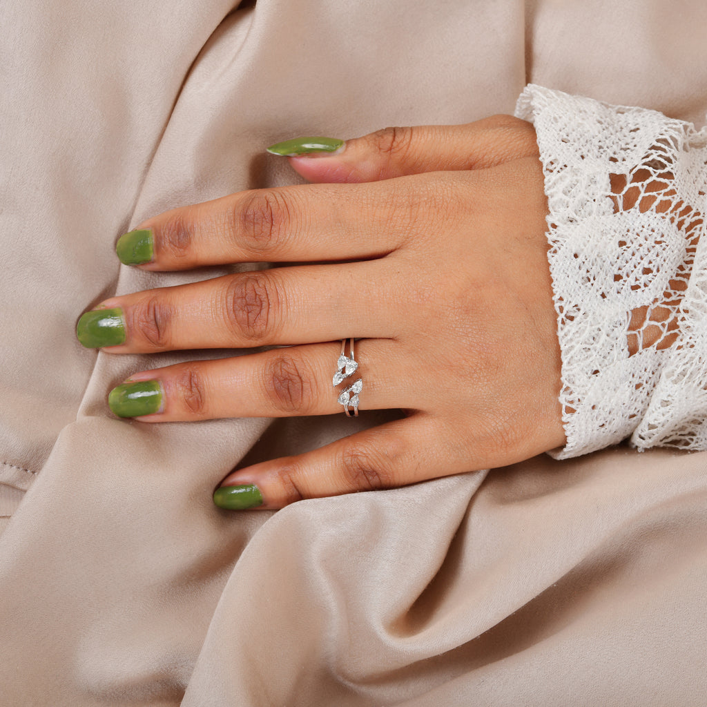 Dainty Pear Shape Natural Diamond Open Cuff Gold Ring Jewelry