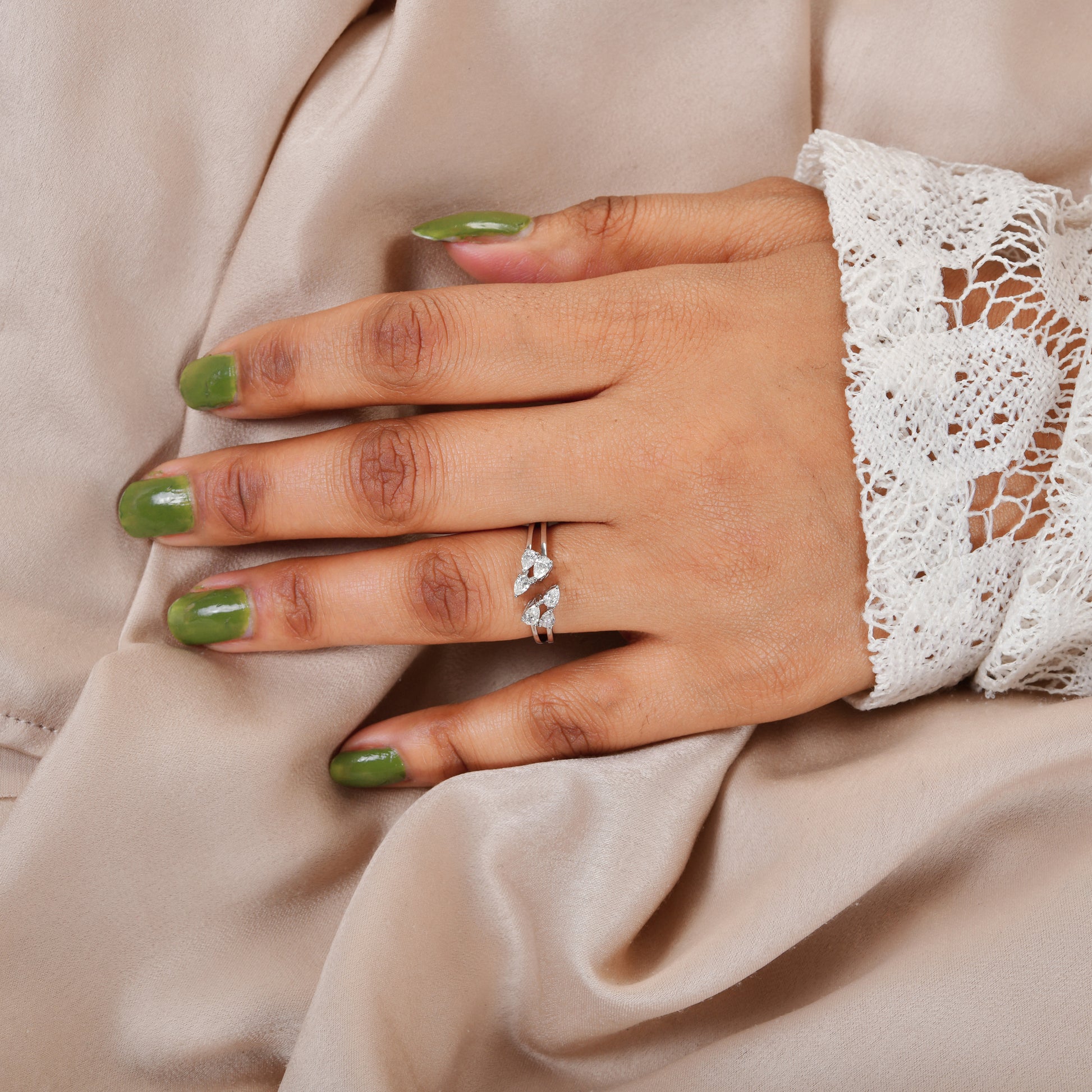 Dainty Pear Shape Natural Diamond Open Cuff Gold Ring Jewelry