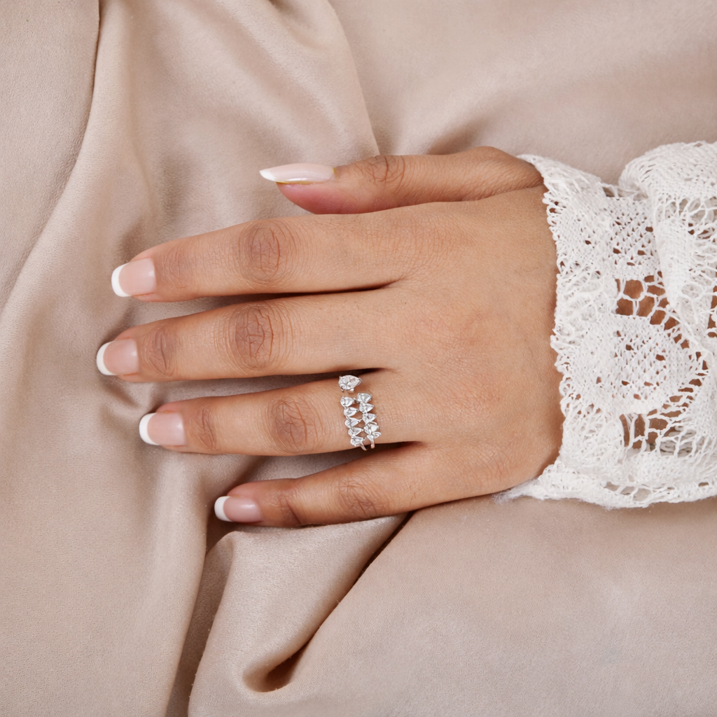 Pear Cut Natural Diamond Double Band Open Cuff Ring