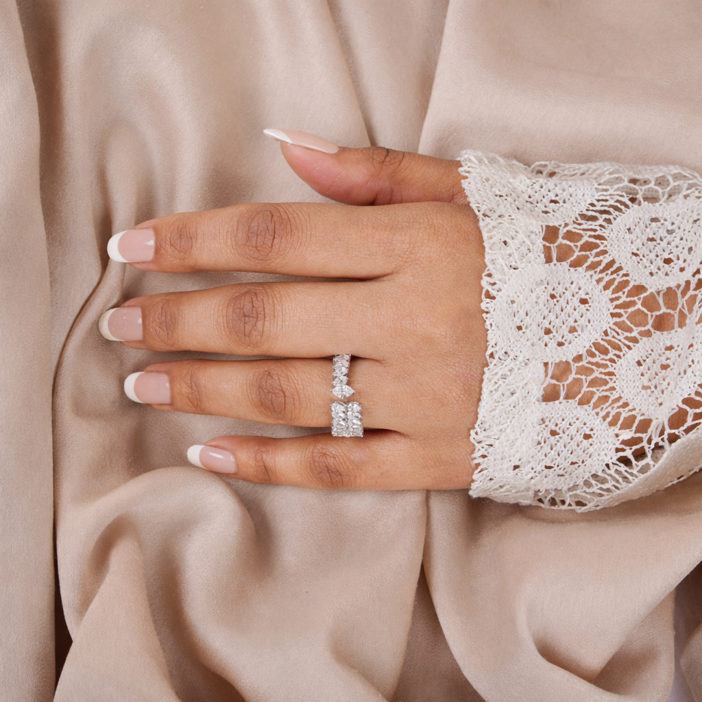 Marquise Cut Natural Diamond Double Band Open Ring