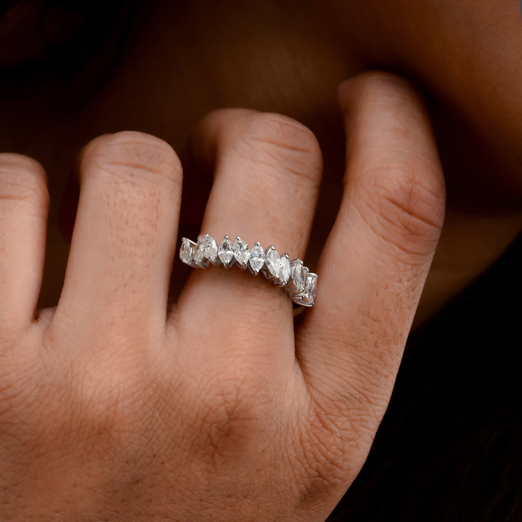 Handmade Marquise Cut 1.37Ct Natural Diamond Half Eternity Stacking Gold Ring