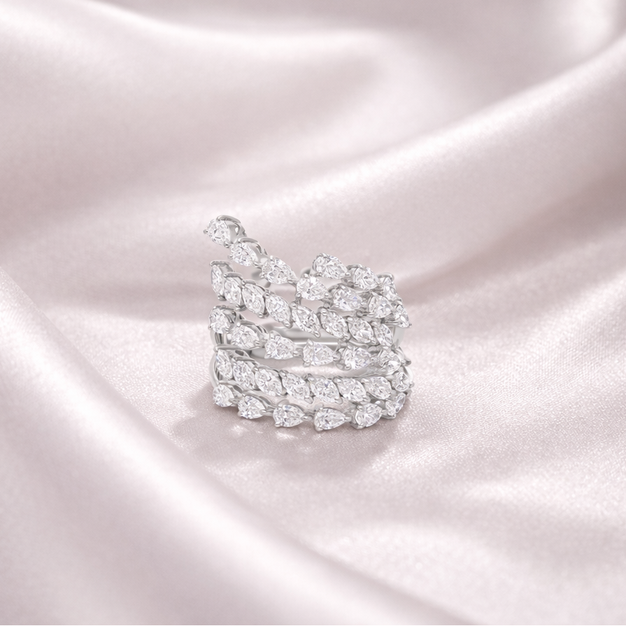 Solid Gold Twisted Marquise Pear Diamond Multi Band Ring