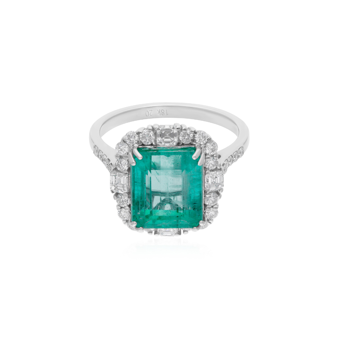 Natural Zambian Emerald Gemstone Diamond Halo Handmade Gold Ring