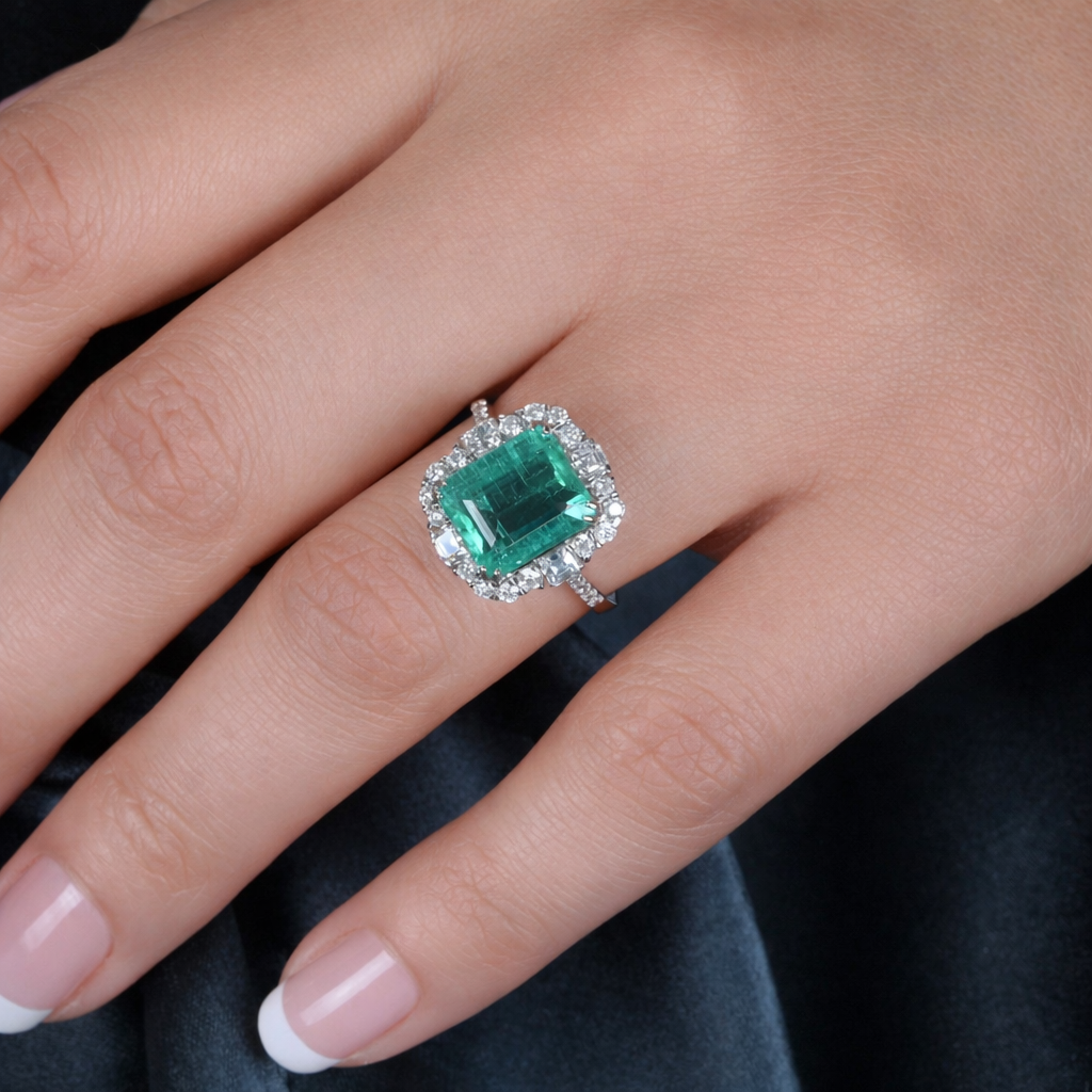 Natural Zambian Emerald Diamond Handmade Halo Ring