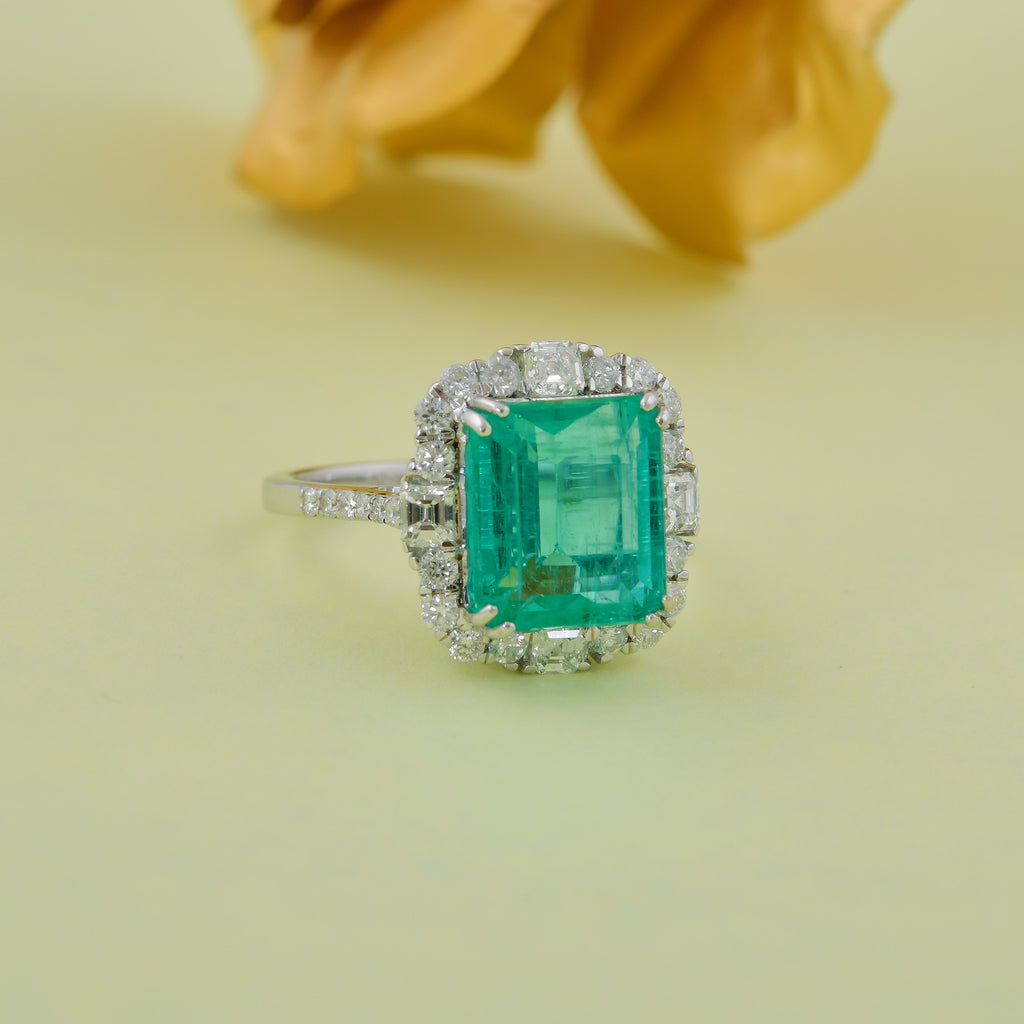 Natural Zambian Emerald Gemstone Diamond Halo Handmade Gold Ring