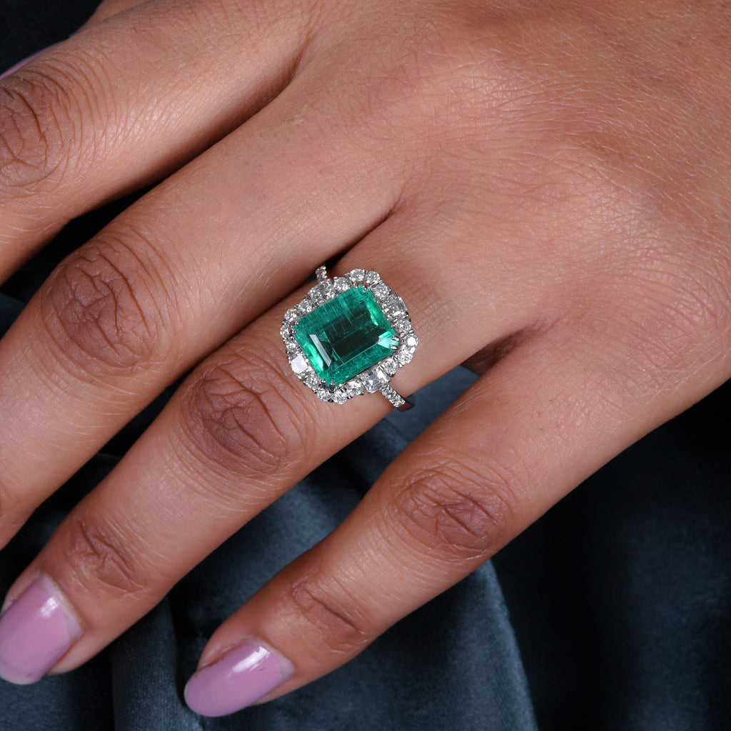 Natural Zambian Emerald Gemstone Diamond Halo Handmade Gold Ring