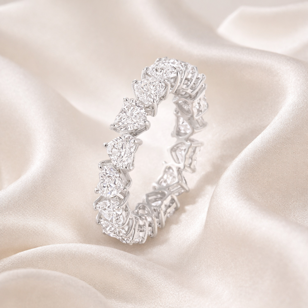 Natural Heart Cut Diamond Eternity Band Ring in Fine Gold