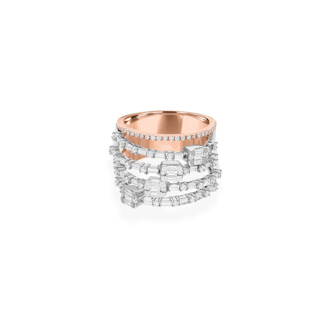 Dual Tone 1.25Ct SI/H Baguette & Round Natural Diamond Gold Ring