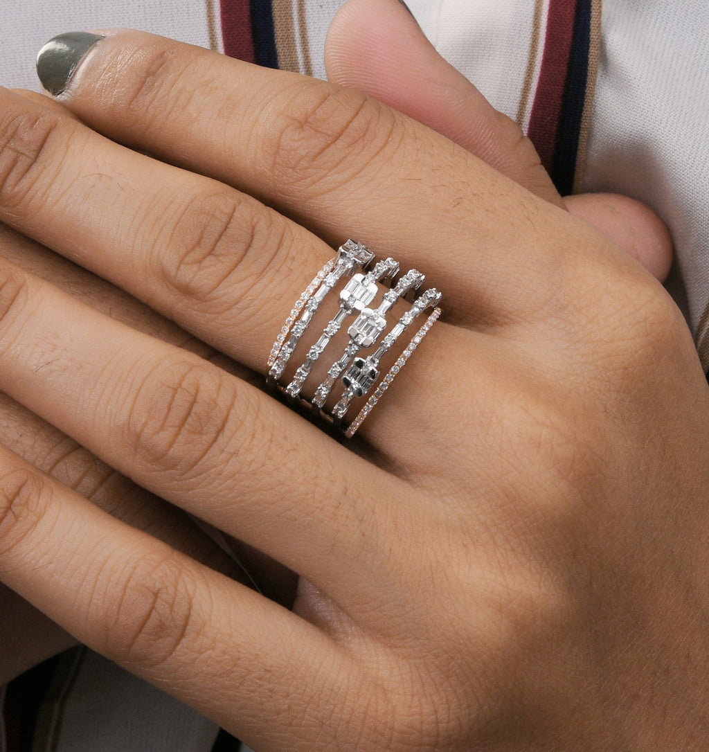 Dual Tone 1.25Ct SI/H Baguette & Round Natural Diamond Gold Ring