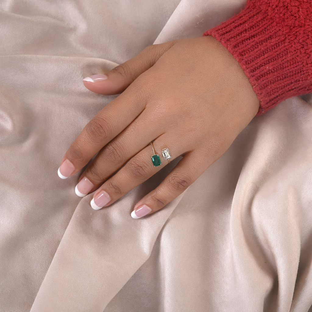 Octagon Cut Zambian Emerald Diamond Open Cuff Gold Ring