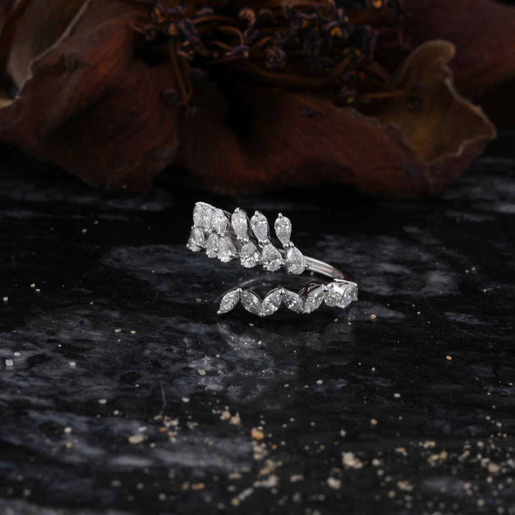 1.05Ct Natural SI/HI Pear & Marquise Diamond Cuff Solid Gold Ring Jewelry