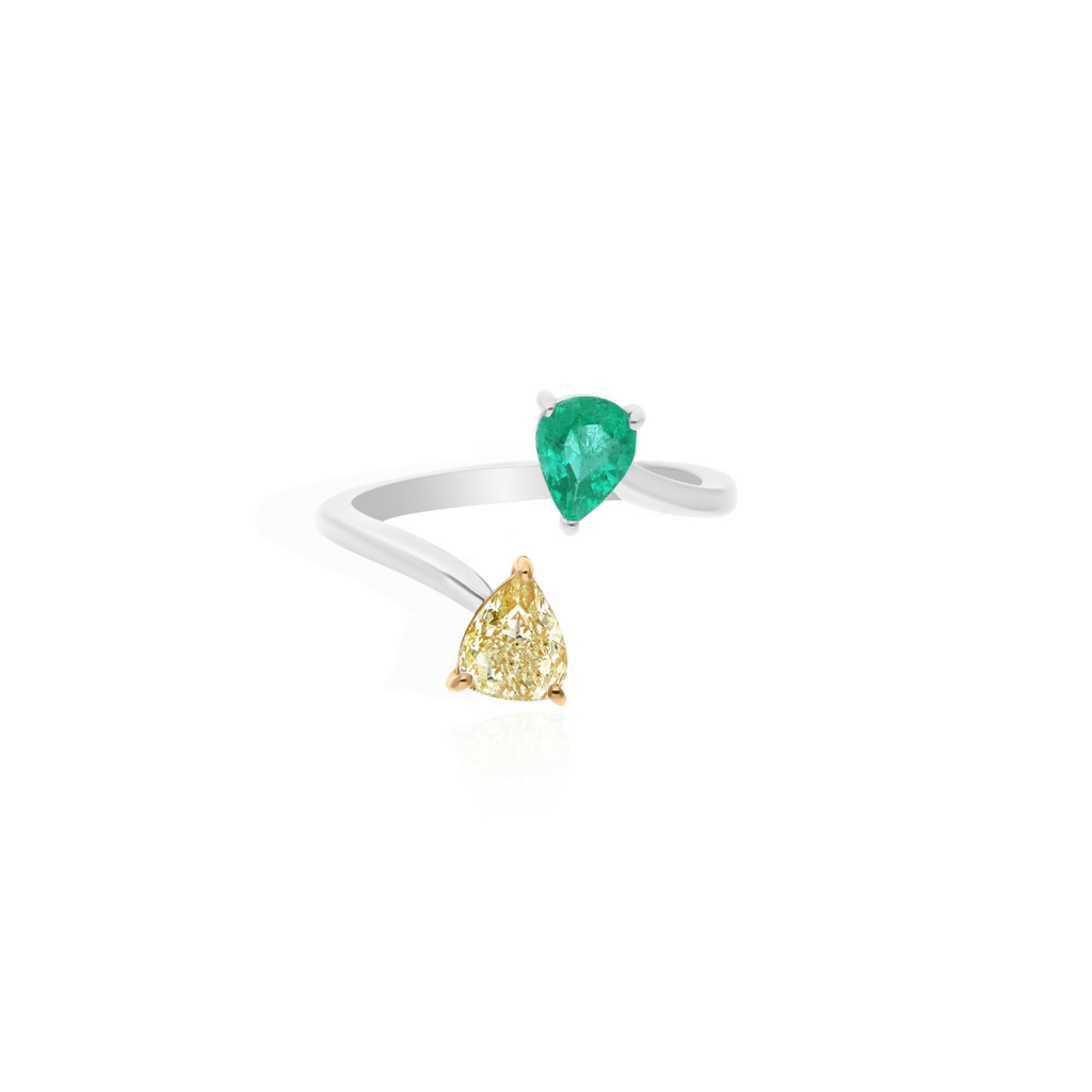 1.18Tcw Zambian Emerald Pear H/SI Diamond Cuff Gold Ring