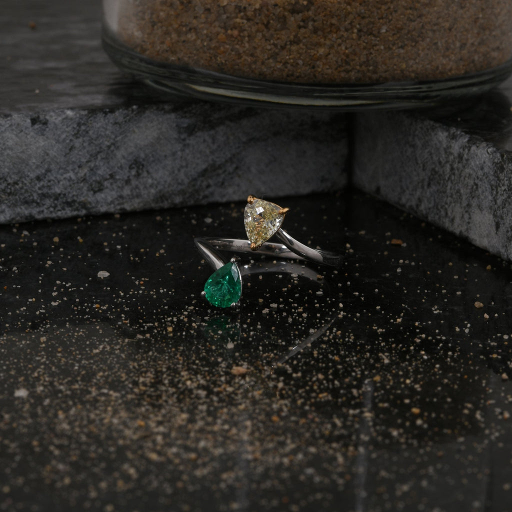 Natural Zambian Emerald Pear Cut Diamond Cuff Gold Ring