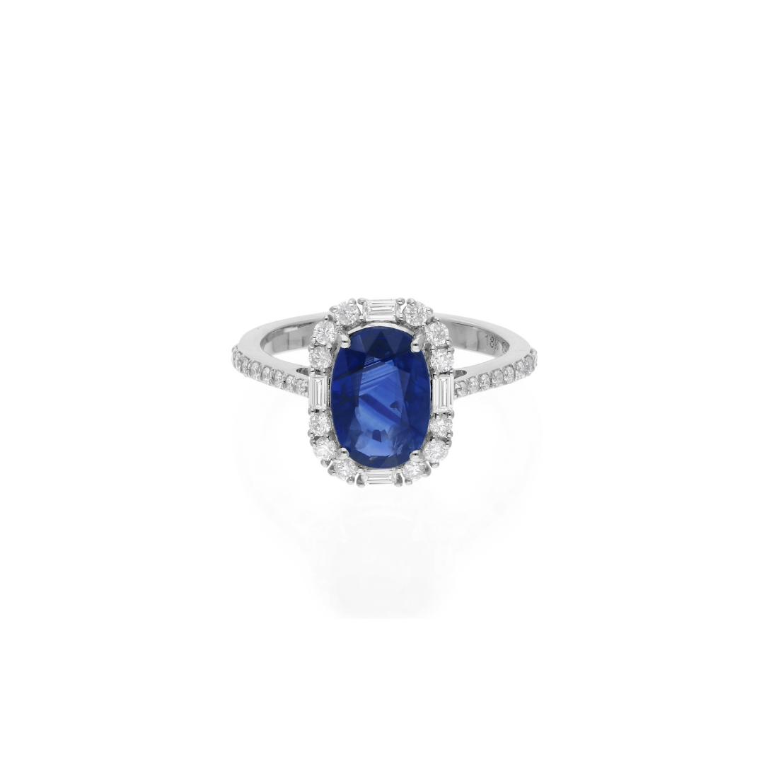 2.98Tcw Real SI/HI Baguette Diamond Oval Blue Sapphire Gold Ring
