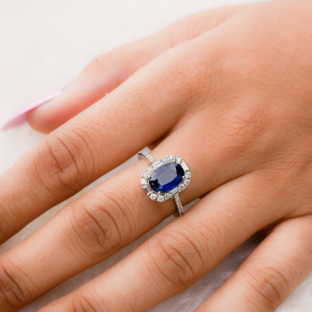 2.98Tcw Real SI/HI Baguette Diamond Oval Blue Sapphire Gold Ring