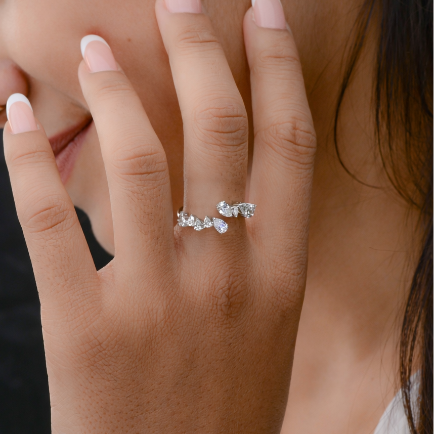 Pear Cut Natural Diamond Bypass Cuff Ring