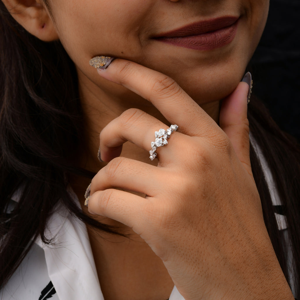 1.04 Ct SI/HI Pear Cut Natural Diamond Cluster Gold Ring Perfect for Everyday