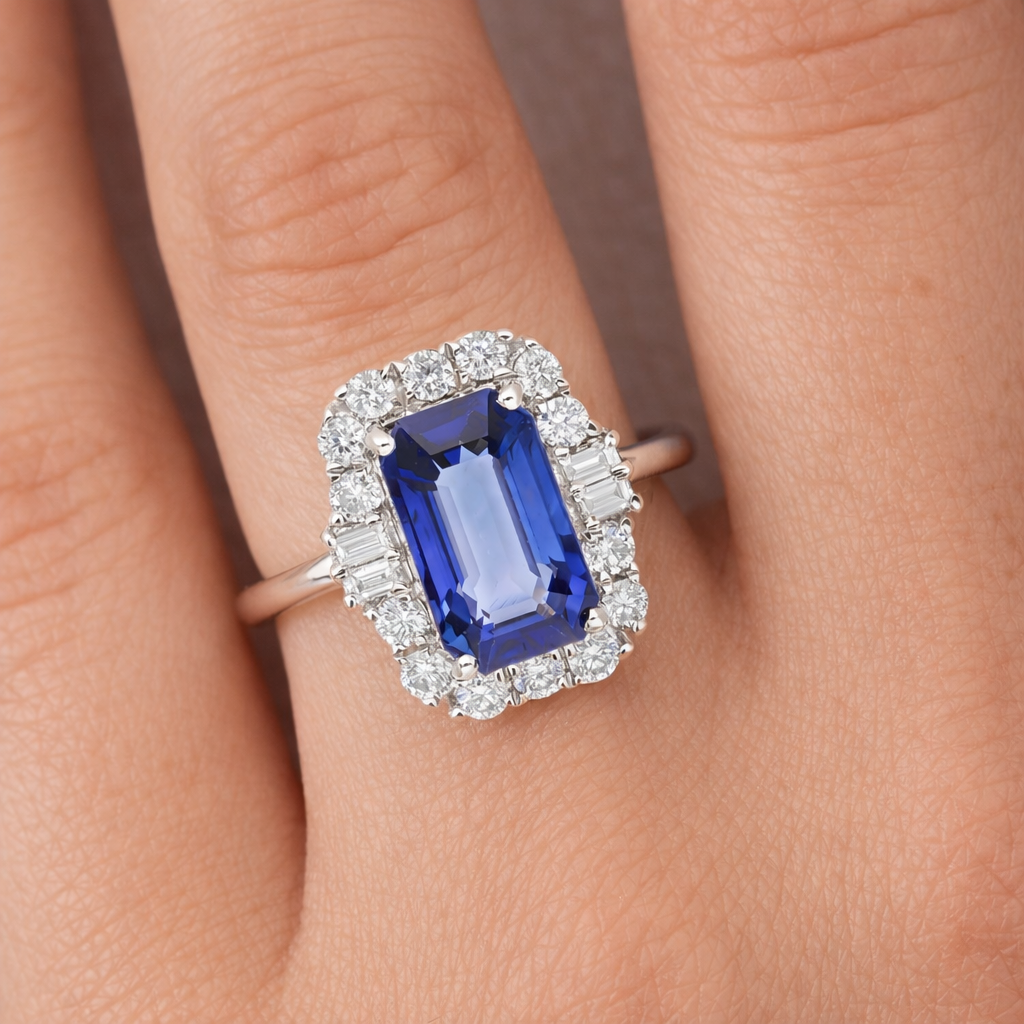 Blue Sapphire Gemstone Halo Ring with Natural Diamond