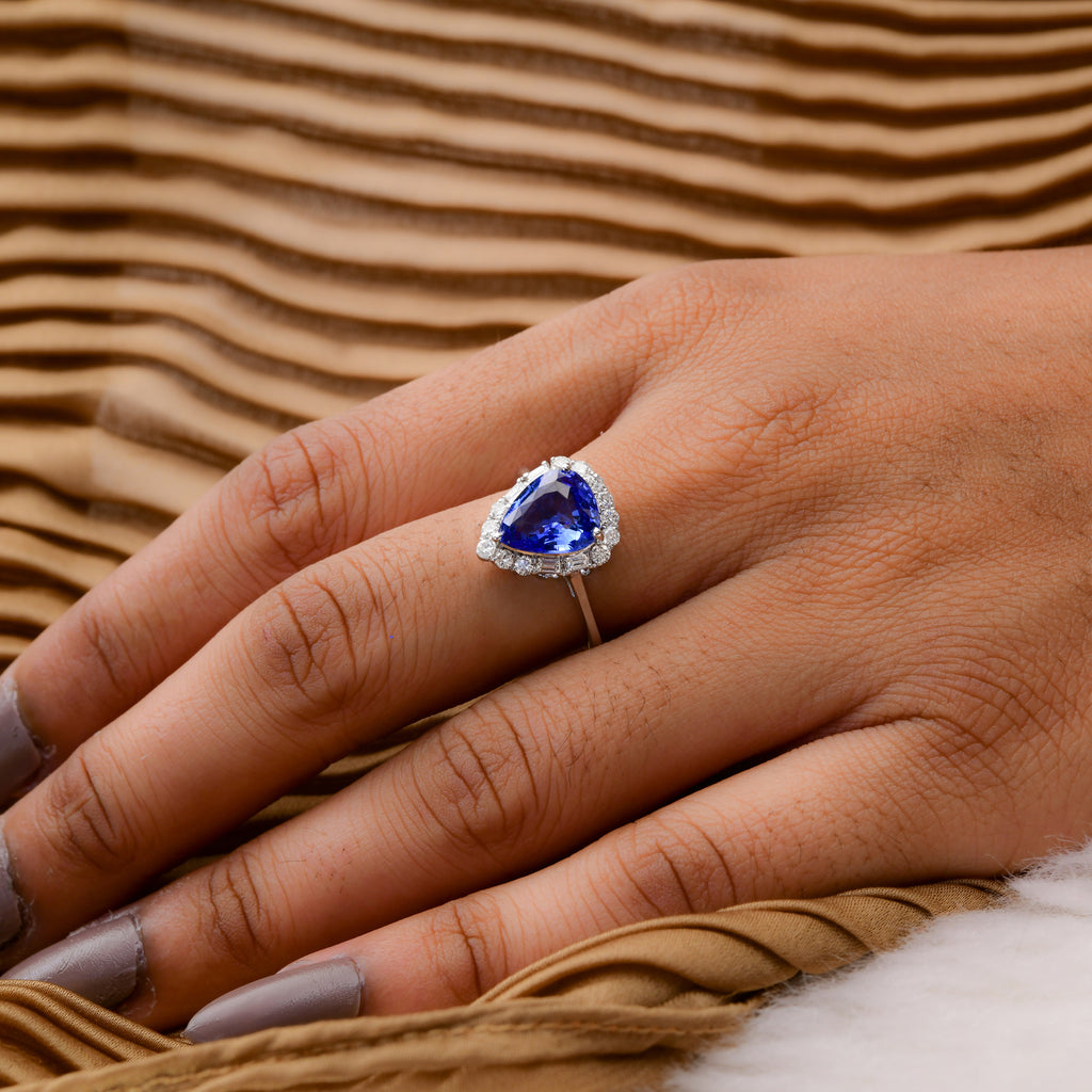 3.76 TCW Trillion Cut Blue Sapphire HI/SI Diamond Halo Gold Ring