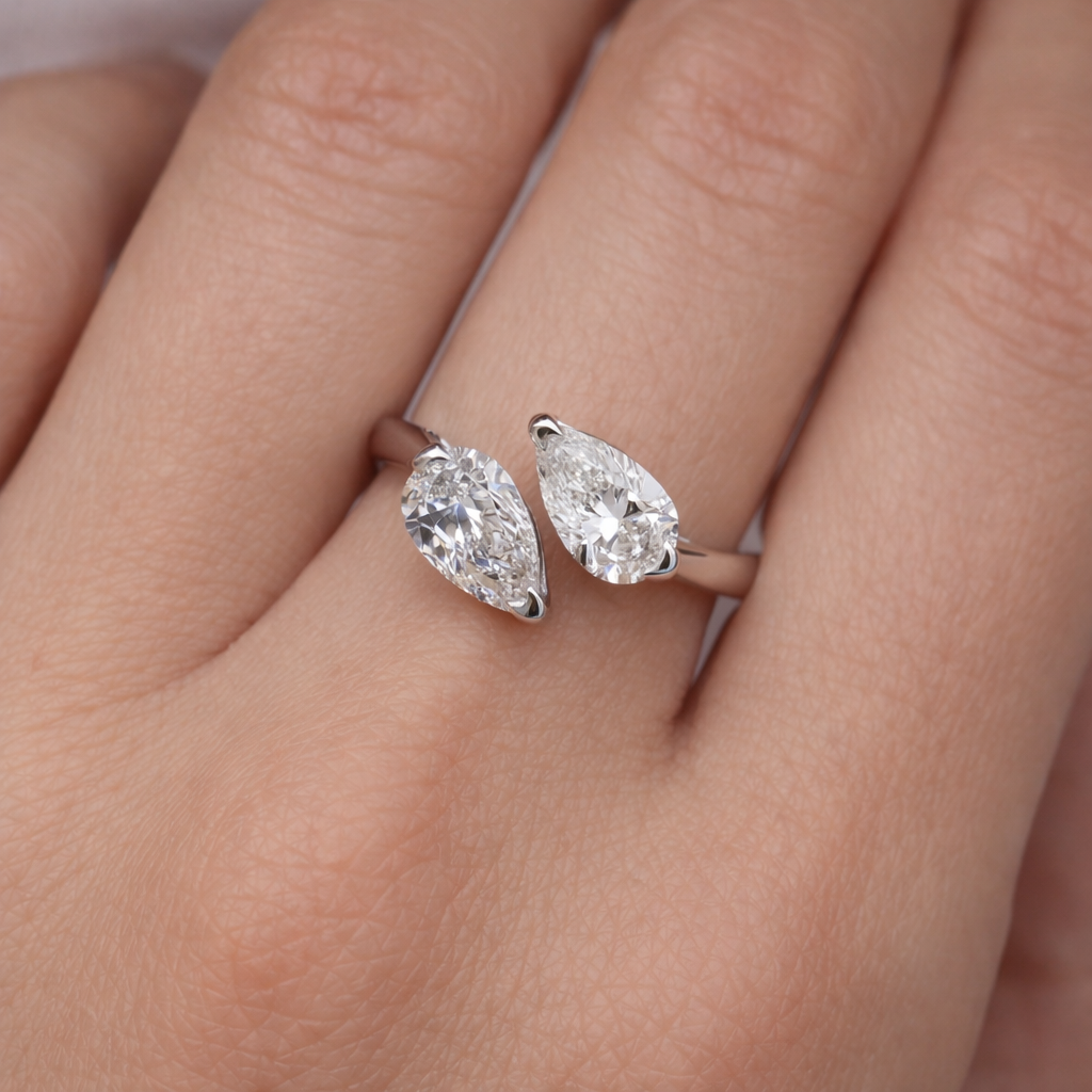 Two Stone Pear Cut Diamond Cuff Ring in Fine Gold