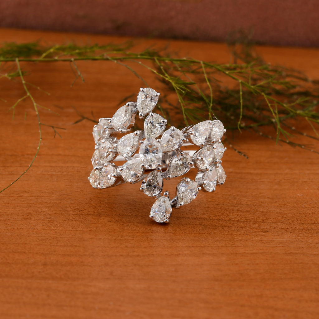 4.10 Ct HI/SI Pear Cut Diamond Cluster Bypass Gold Ring For Her