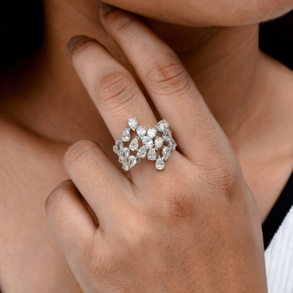 4.10 Ct HI/SI Pear Cut Diamond Cluster Bypass Gold Ring For Her