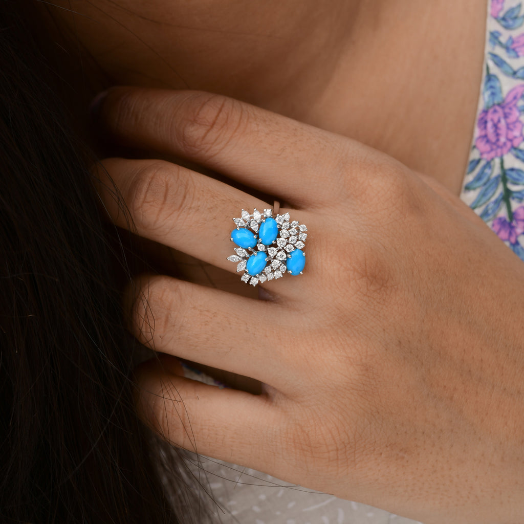 2.27 TCW SI/HI Diamond Arizona Turquoise Cluster Ring Occasion Jewelry
