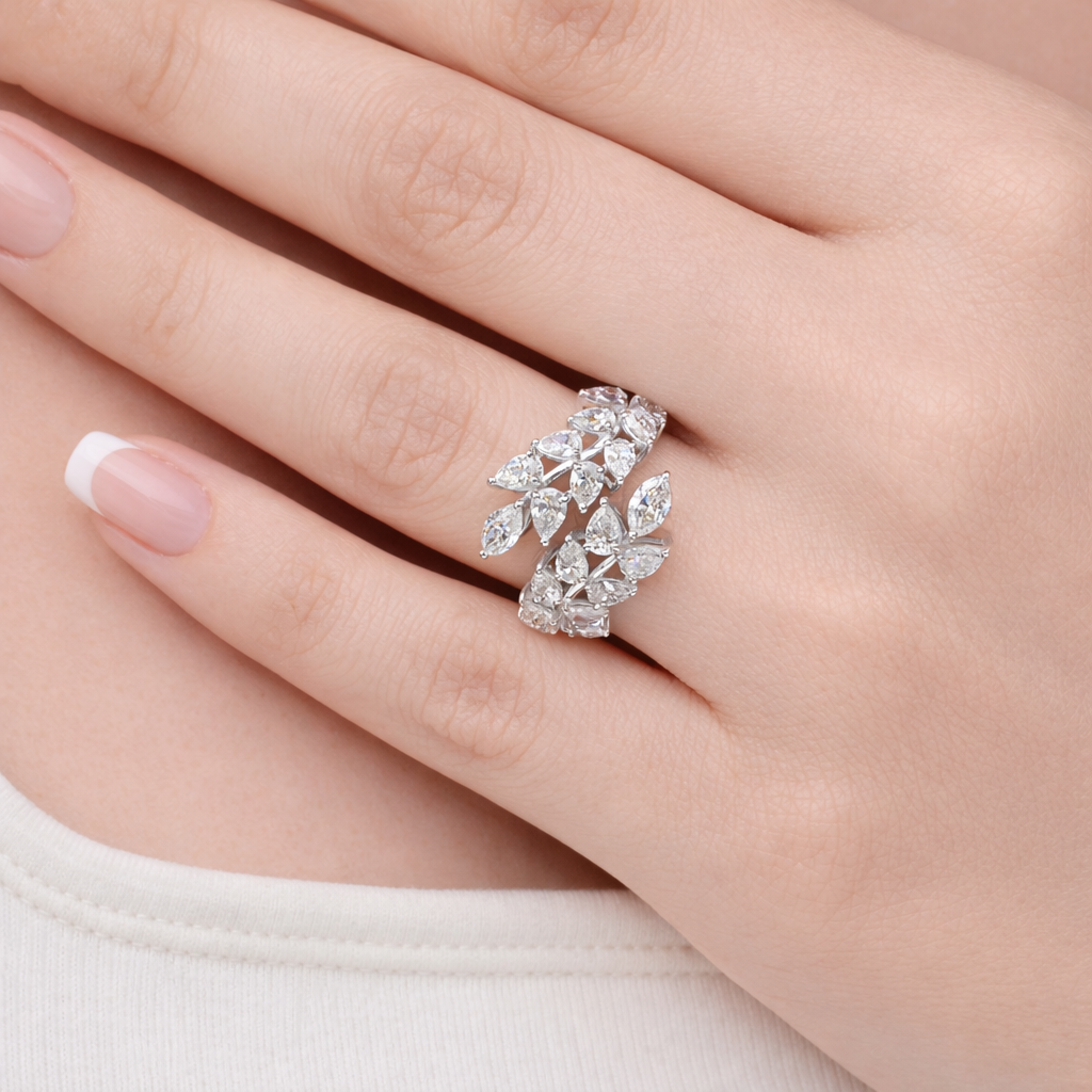 Natural Pear Marquise Diamond Bypass Ring in Fine Gold
