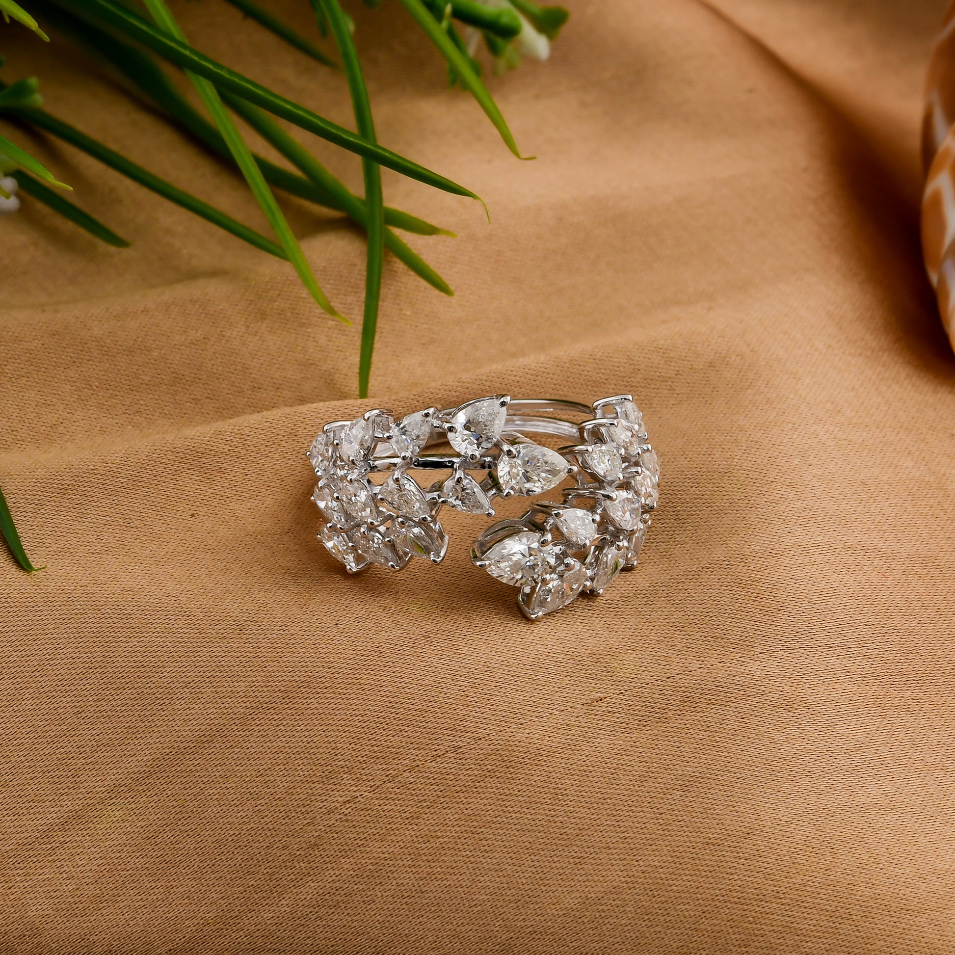 2.14 Ct. SI/HI Pear Cut Diamond Open Cluster Gold Ring For Anniversary