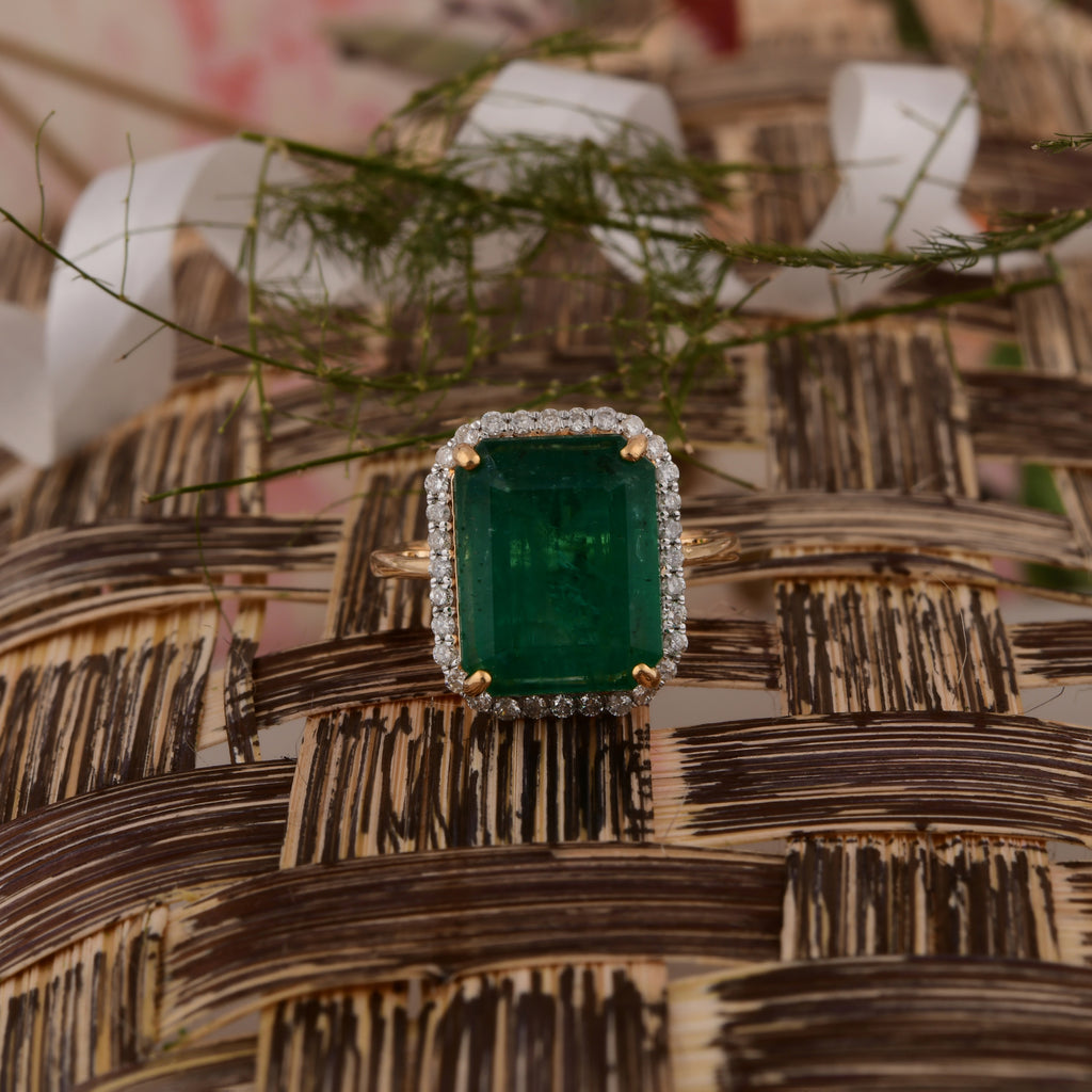 5.9 Tcw Octagon Zambian Emerald HI/SI Diamond Cocktail Gold Ring