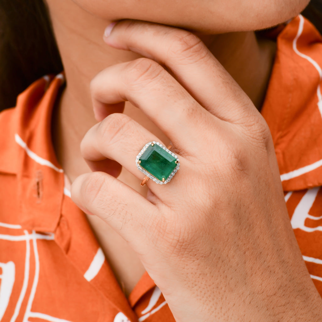 5.9 Tcw Octagon Zambian Emerald HI/SI Diamond Cocktail Gold Ring